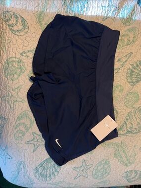 Nike Women’s Navy Blue Swim Shorts with White Swoosh - Large